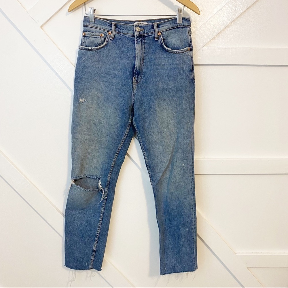 Zara Woman Distressed Raw Hem High Rise Denim Ankle Jeans Medium Wash Size 6